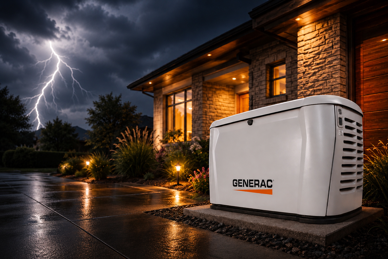 Residential standby generator installed beside a home during a storm